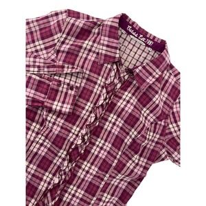 Guess Womens Pink‎ Plaid Ruffle Button Down Shirt Metallic Lurex Medium Western
